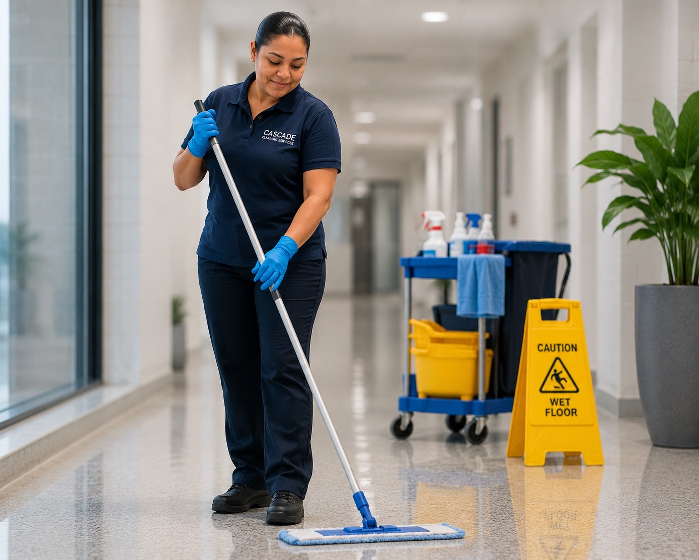 Cascade Cleaning Services team member mopping a commercial office hallway in San Diego