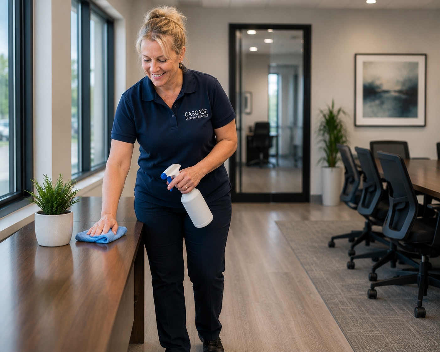 Cascade Cleaning Services team member wiping down a conference table in a San Diego office